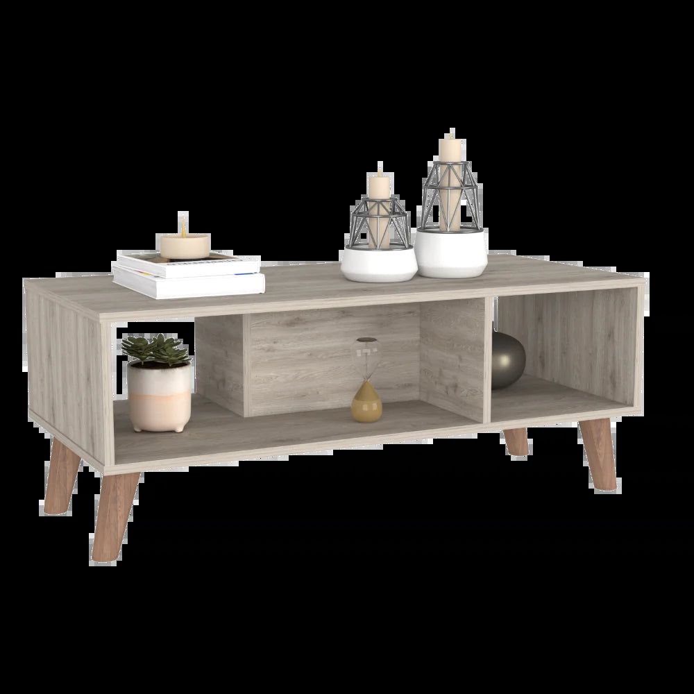 Coffee Table Plex, Two Open Shelves, Four Legs, Light Gray Finish