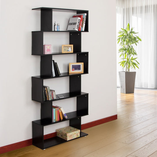 HOMCOM Wooden S Shape Bookcase 6 Shelves Storage Display Home Office