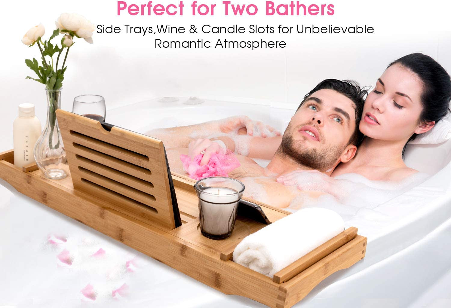 Bamboo Bathtub Caddy Tray with Extending Sides, Cellphone Ipad Tray and Wineglass Holder，Free Soap Holder