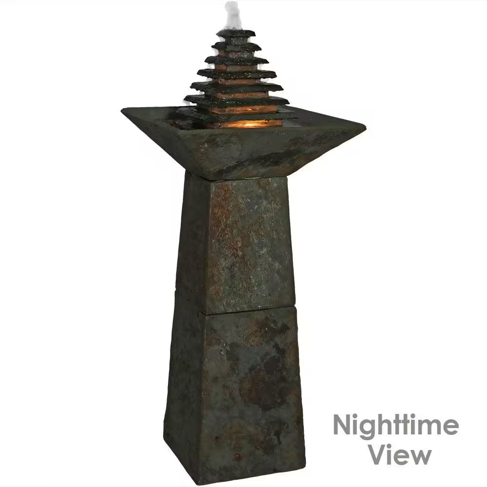 40 In. Layered Slate Pyramid Outdoor Cascading Water Fountain with LED Light