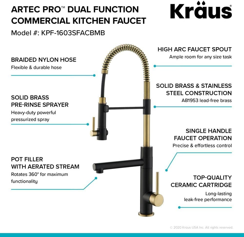 Artec Pro (1 St Gen) Commercial Style Pre-Rinse Single Handle Kitchen Faucet (No Pull Down) with Pot Filler in Spot Free Antique Champagne Bronze/Matte Black, KPF-1603SFACBMB