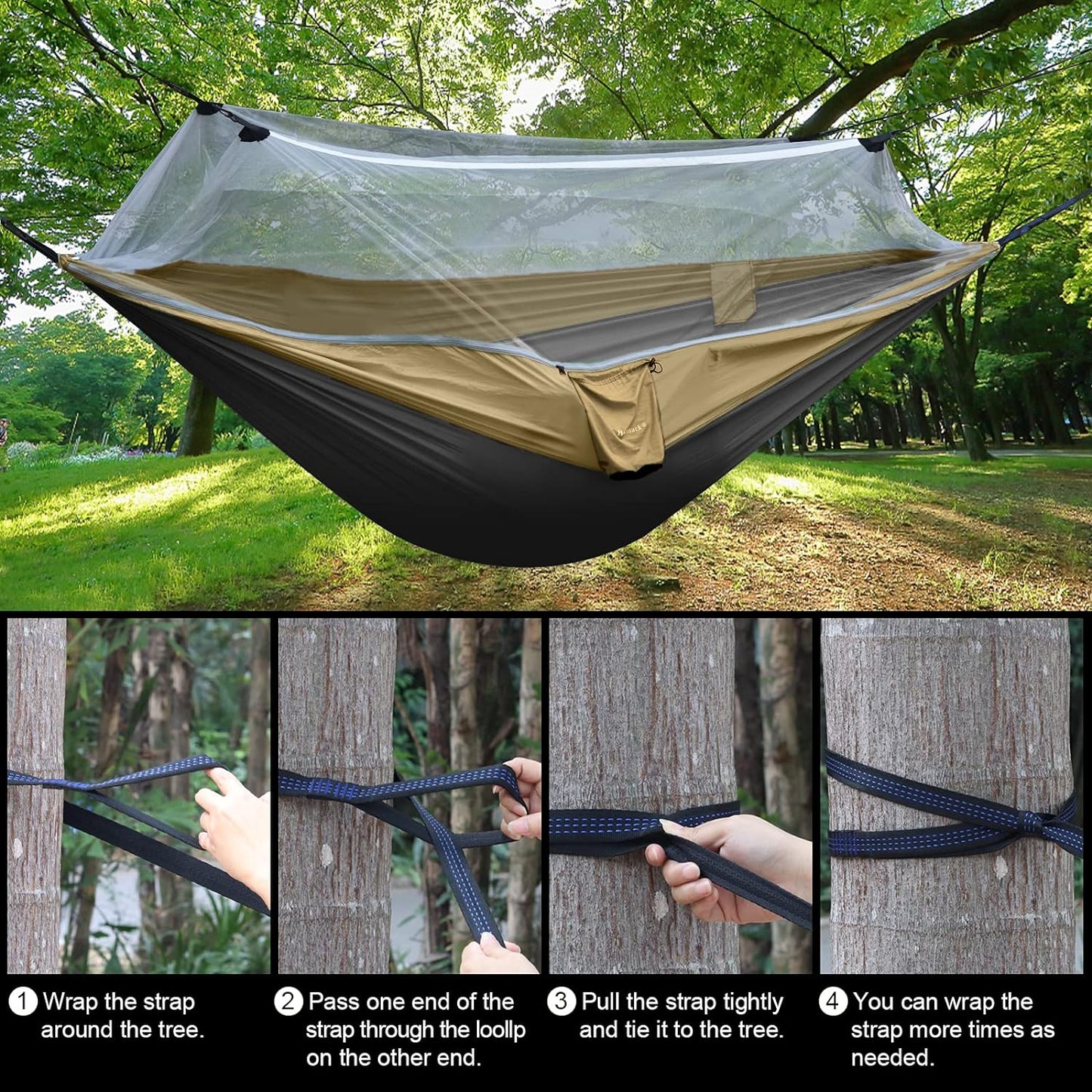 Double Camping Hammock with Net, Lightweight Hammock with Tree Straps, Portable 2 Person Hammock with 210T Nylon Parachute Hammocks for Backpacking | Backyard | Beach | Hiking | Travel