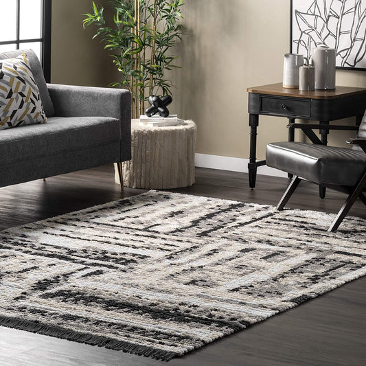 Nicolette Abstract Tile Soft Shag Fringe Accent Rug, 3X5, Beige