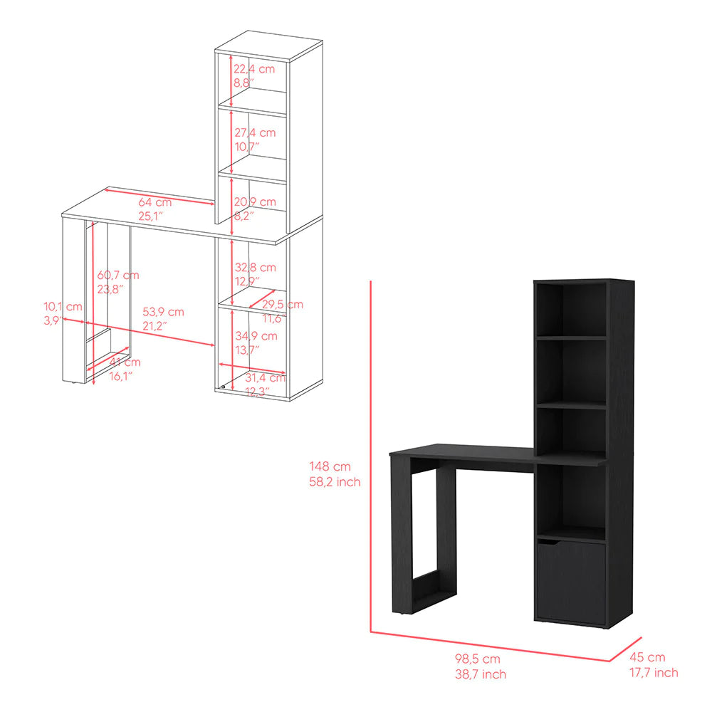 Office Desk Aragon with Four-Tier Bookcase and Lower Cabinet, Black Wengue Finish