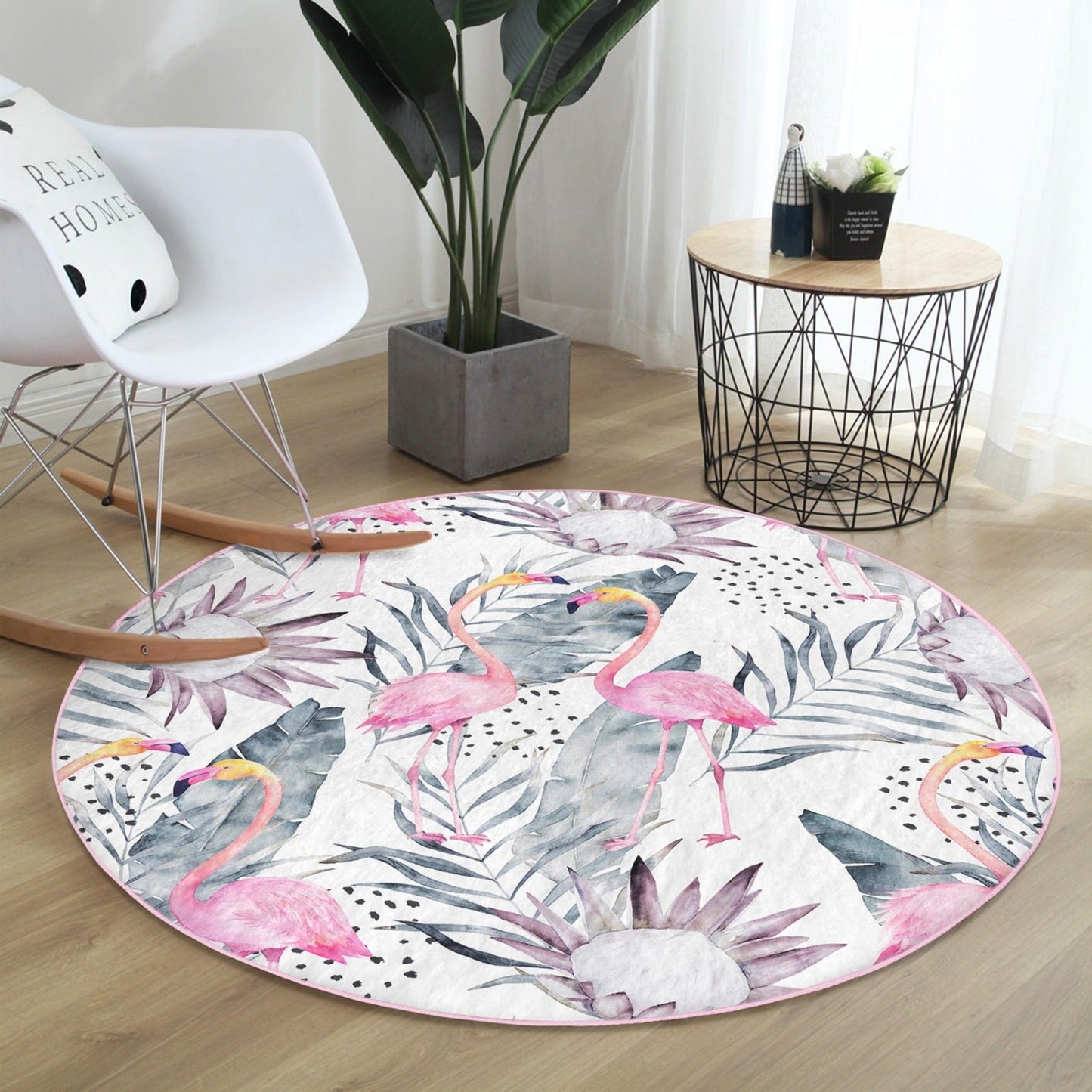 Floral and Flamingo Patterned Decorative Round Rug, Living Room