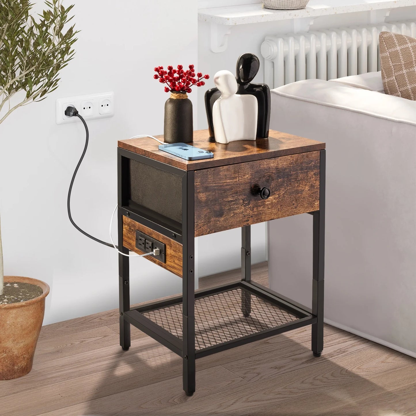 Nightstand with Drawer, End Side Table with Charging Station for Bedroom,2 Pack