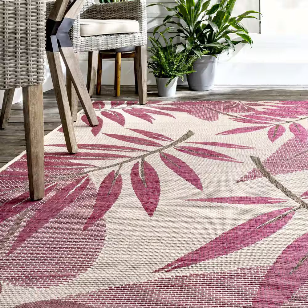 Trudy Art Deco Leaves Pink 6 Ft. 3 In. X 9 Ft. Indoor/Outdoor Patio Area Rug