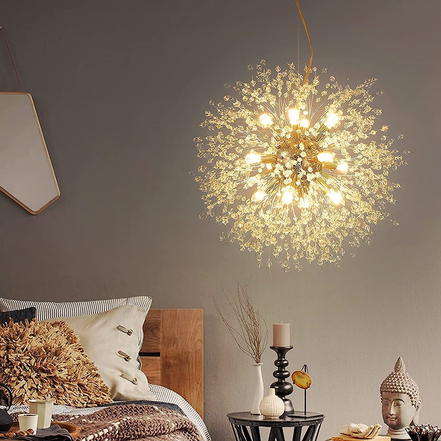 Firework Chandelier,Gold Crystal Chandeliers,12-Lights Sputnik Dandelion Chandelier Pendant Lighting,Ceiling Hanging Light Fixture for Dining Room,Living Room,Bathroom,Bedroom,Kitchen