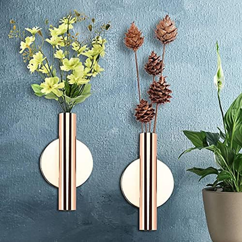 Wall Flower Vase Wall- Mounted Flower Tube Metal Flower Vase Dried Flower Holder Wall Decoration for Porch Home Office(Rose-Gold, Round)