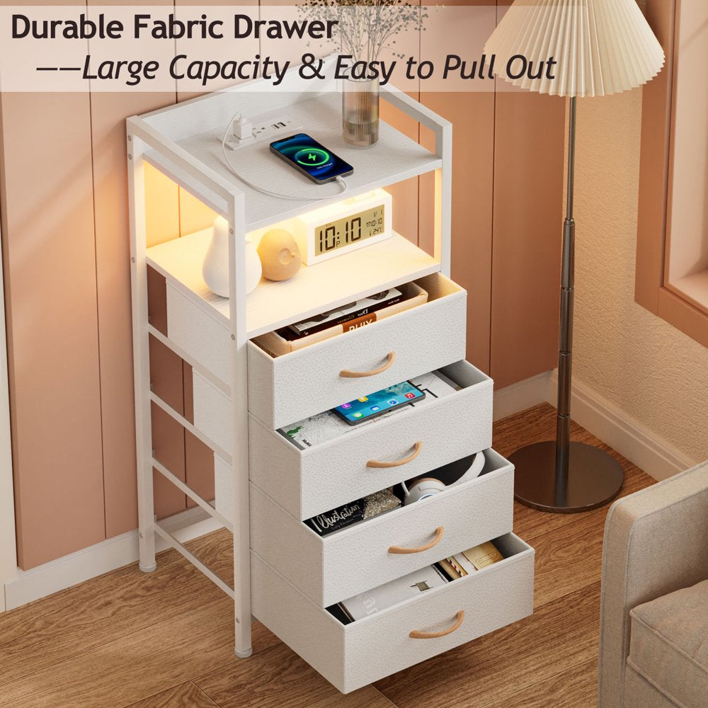 White Fabric Dresser, Vertical Storage Tower Organizer with 4 Drawers for Bedroom, Living Room, Nightstand with Outlets & Led Lights