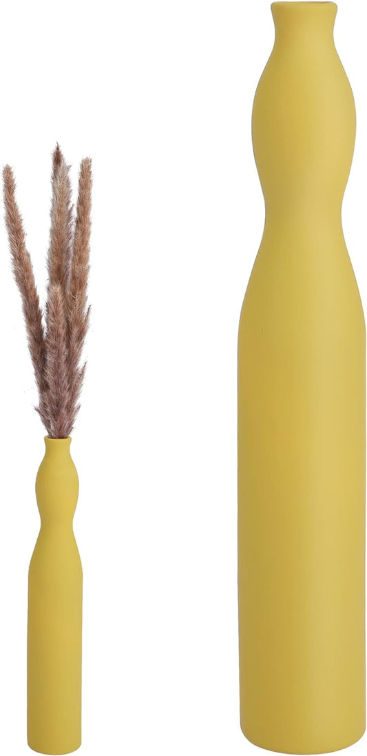 12.6 Inch Yellow Ceramic Vase, Tall Floor Vases with Narrow Neck, Geometric Thin Flower Vase for Bookshelf, Mantle, Entryway Decor [Pampas Not Included]