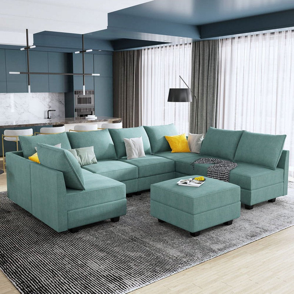 Fabric Sectional Sofa U-Shaped Sofa with Storage for Living Room, Aqua Blue