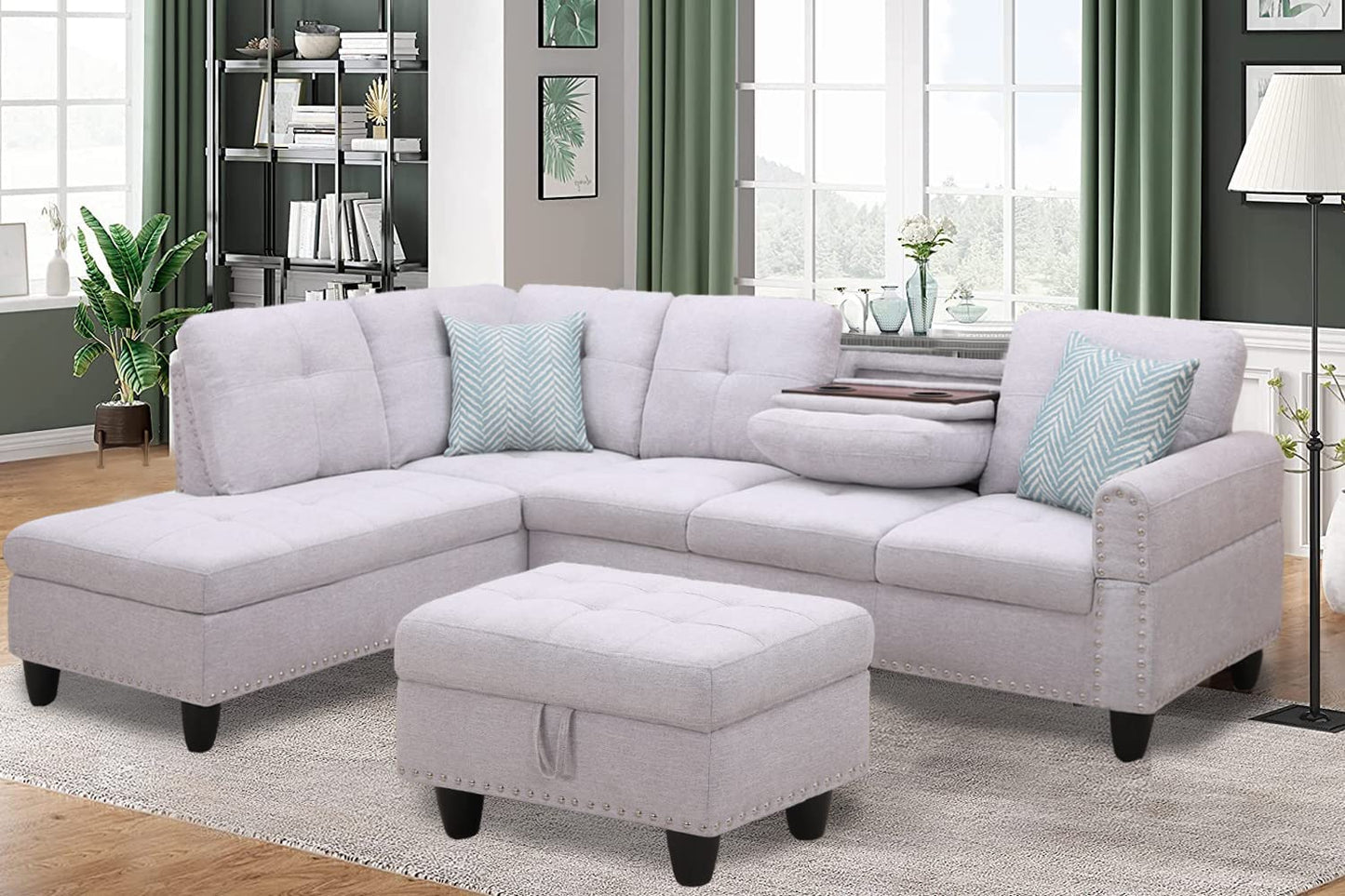 Sectional Sofa with Chaise Lounge and Ottoman L Shaped 6 Seat Living Room Sectional Couch with Cupholder, Left Facing Couch