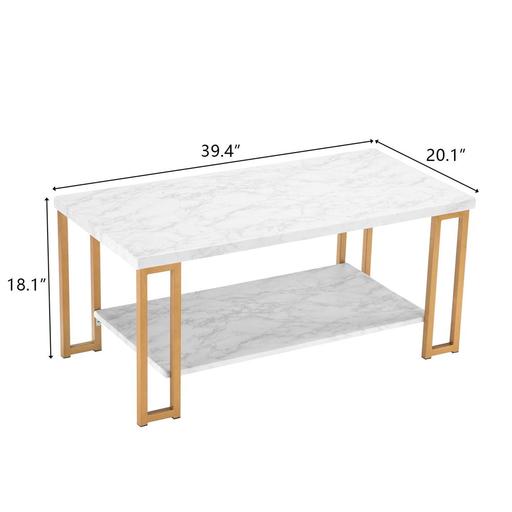 Ktaxon Faux Marble Top Coffee Table with Gold Metal Frame, 2 Tier Rectangular Tea Table for Living Room, Office, Balcony, White