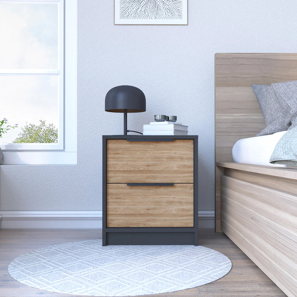 Nightstand Cervants, Two Drawers, Metal Handle, Black Wengue / Pine Finish