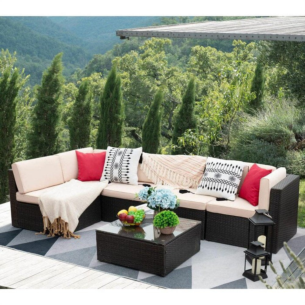 6 Pieces Outdoor Sectional Sofa Set PE Wicker Rattan Sectional Seating Group with Cushions and Table, Beige, Sectional Sets