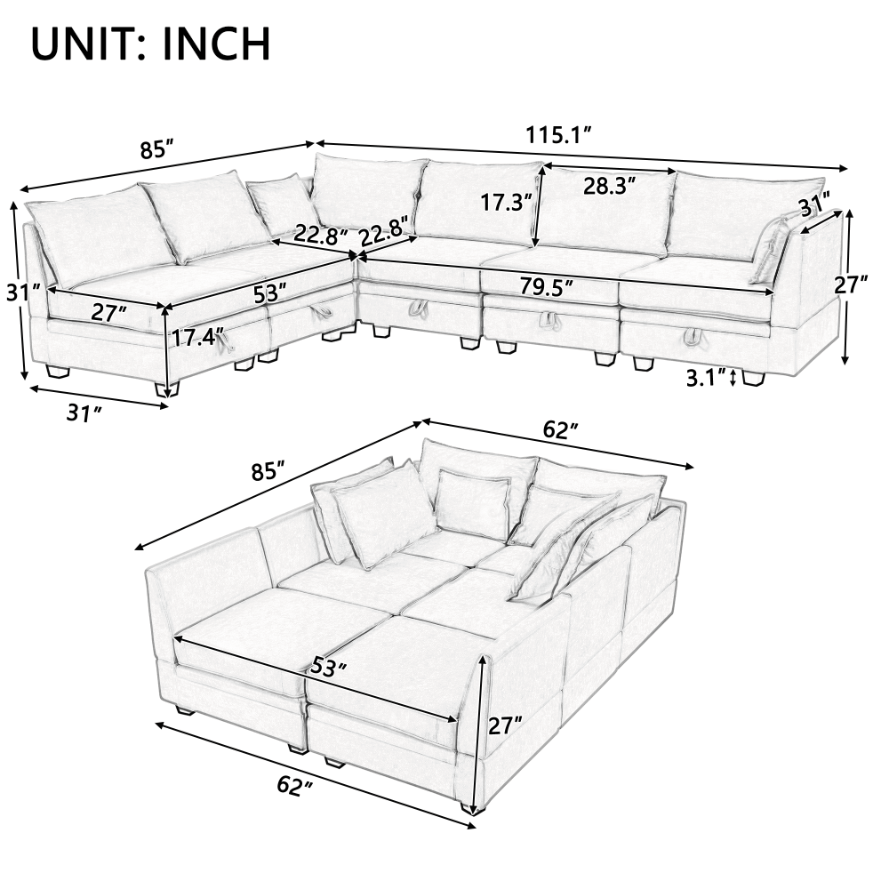 Modern Large U-Shape Modular Sectional Sofa, Convertible Sofa Bed with