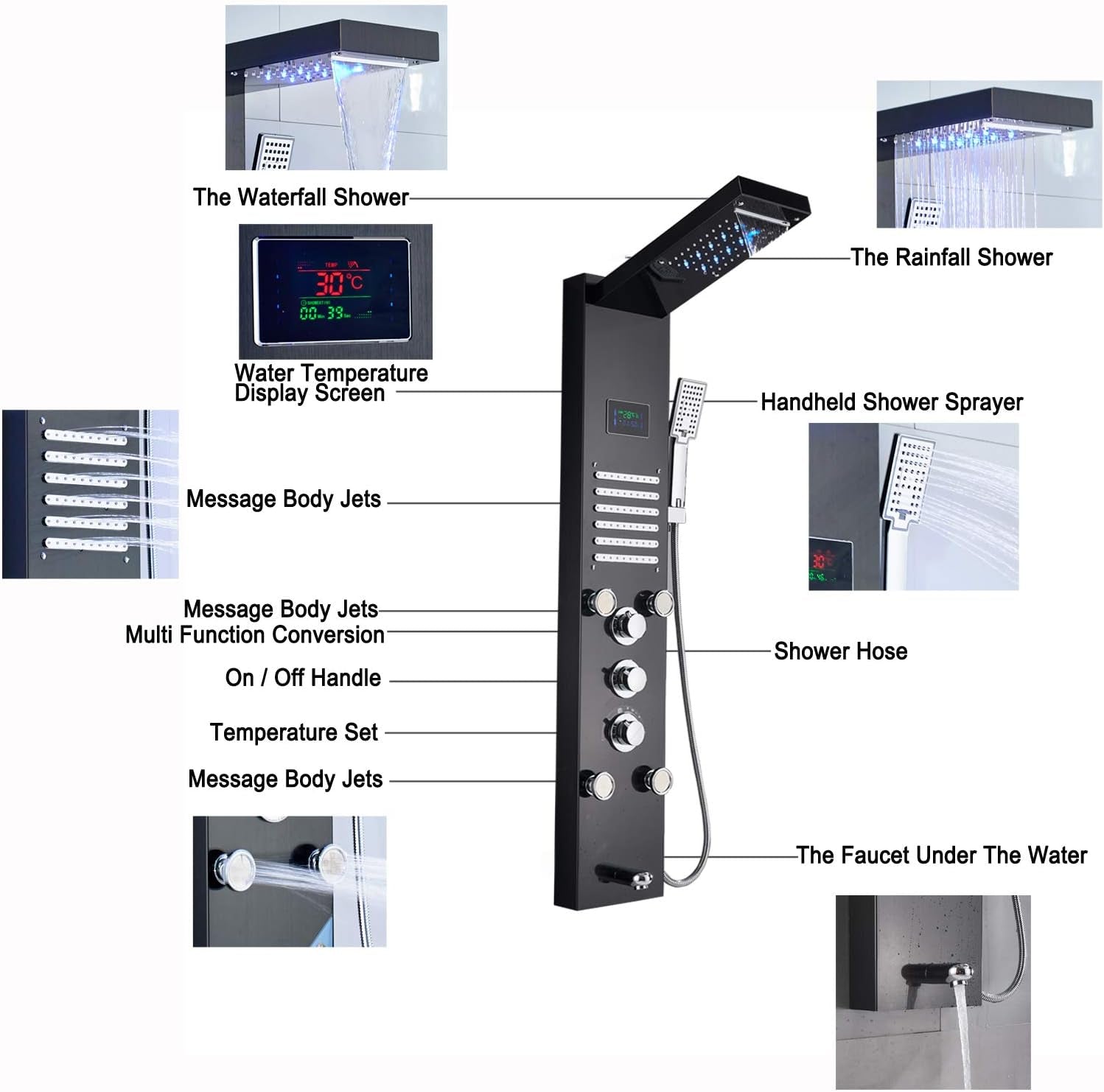 LED Light Shower Panel Tower System Stainless Steel LED Rainfall Waterfall Shower Head Hydroelectricity Display Massage Spray with Hand Shower Black Shower Tower Wall Mount Shower Panels