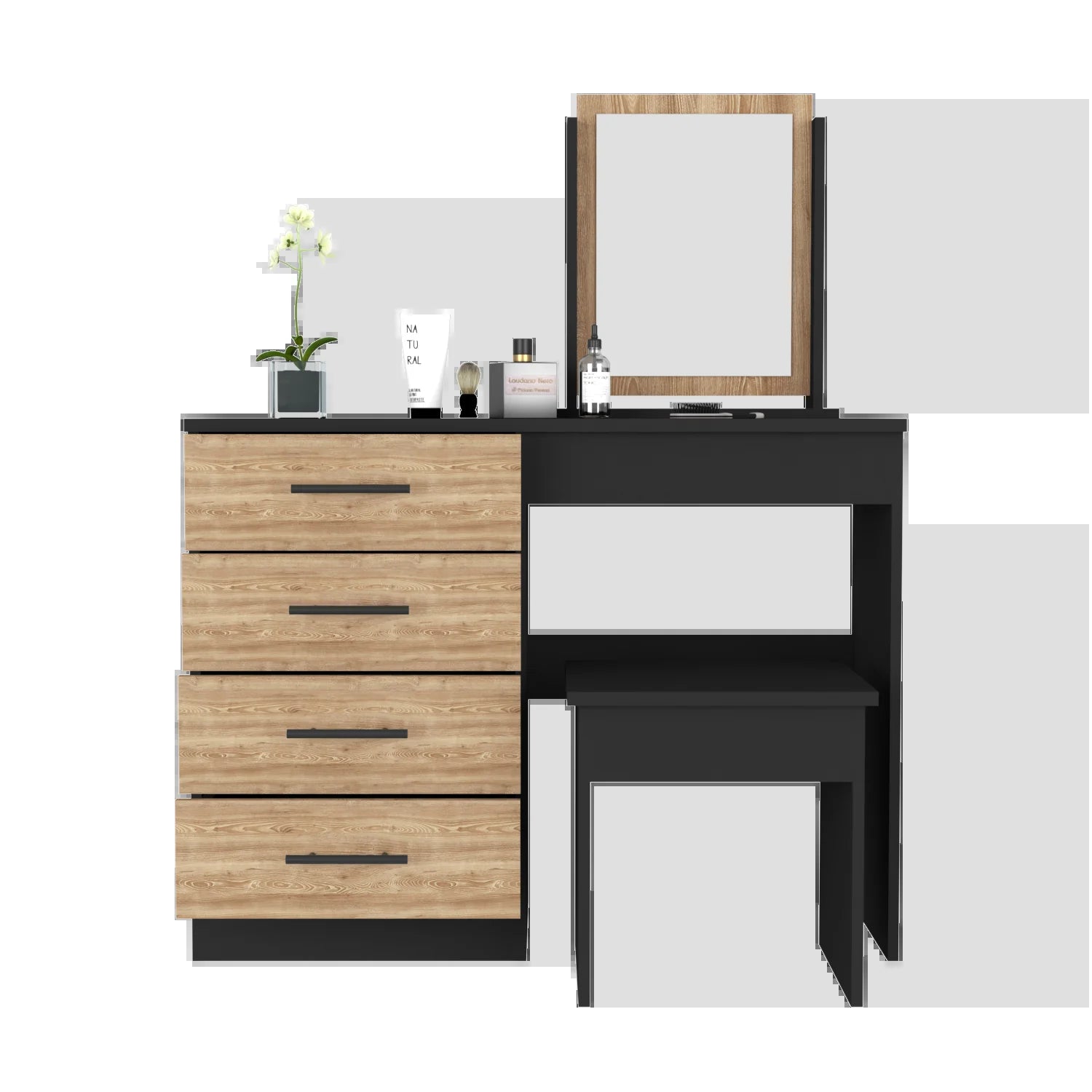 Makeup Dressing Table Roxx, Four Drawers, One Mirror, Stool, Black Wengue / Pine Finish