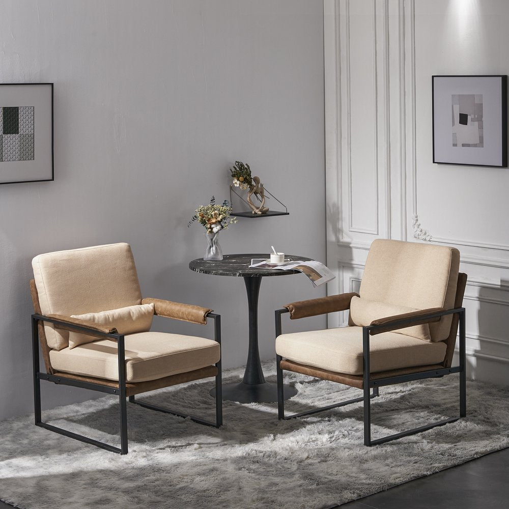 Accent Chair Lounge Armchair Modern Linen Fabric Upholstered Single Sofa with Black Coated Metal Frame Beige and Coffee