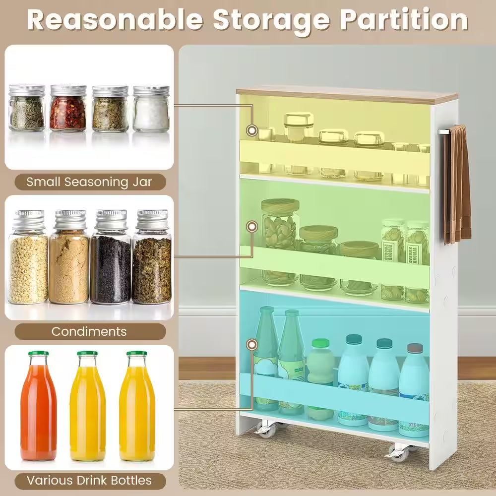 Rolling Kitchen White Slim Storage Cart Mobile Shelving Organizer with Handle