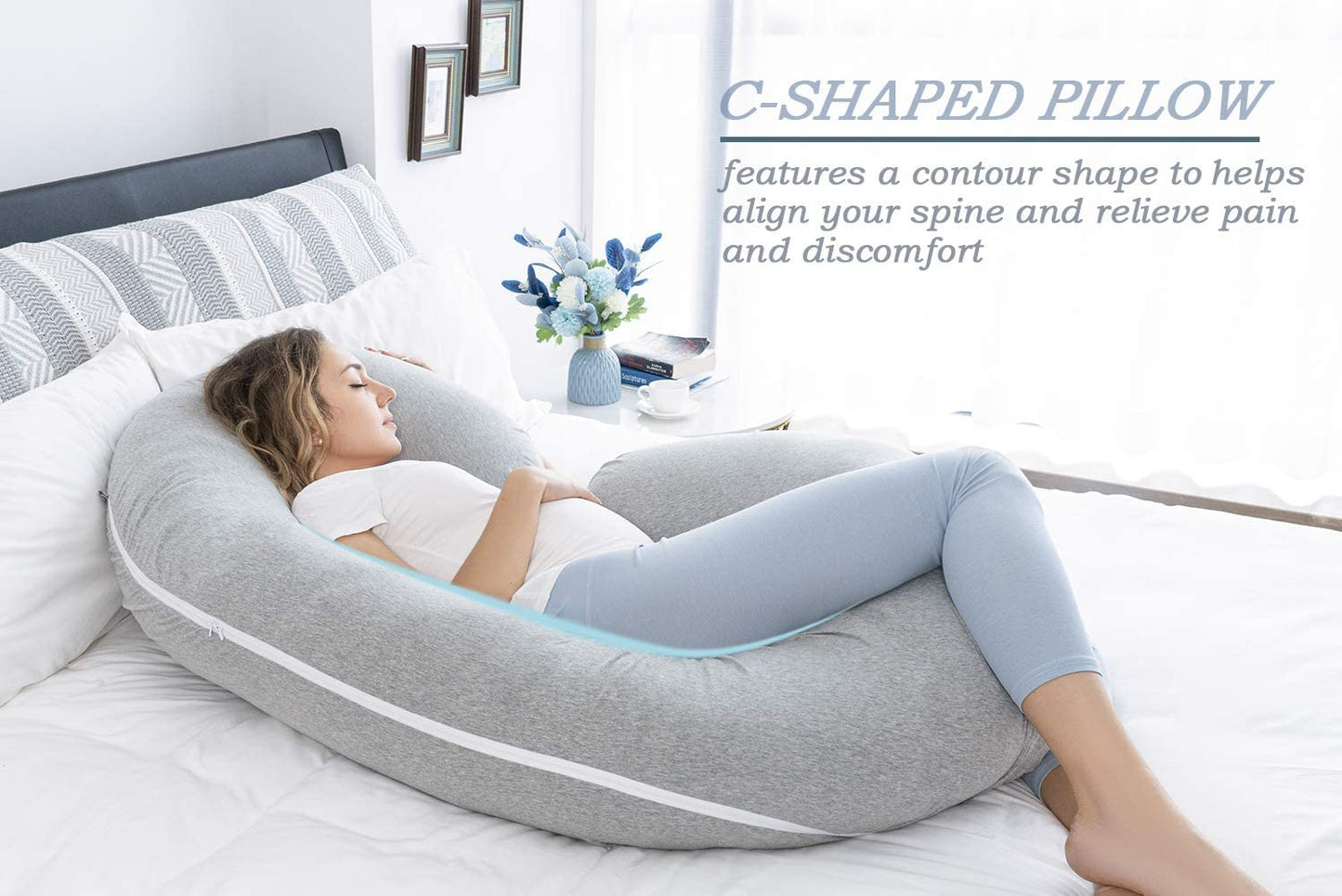 Pregnancy Pillow,Maternity Body Pillow with Velvet Cover,C Shaped Body Pillow for Sleeping (Grey Jersey)