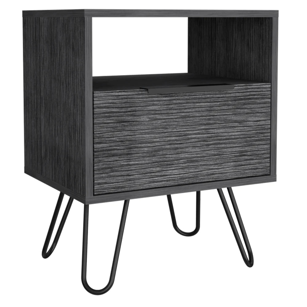 Nightstand Skyoner, Single Drawer, Hairpin Legs, Smokey Oak Finish