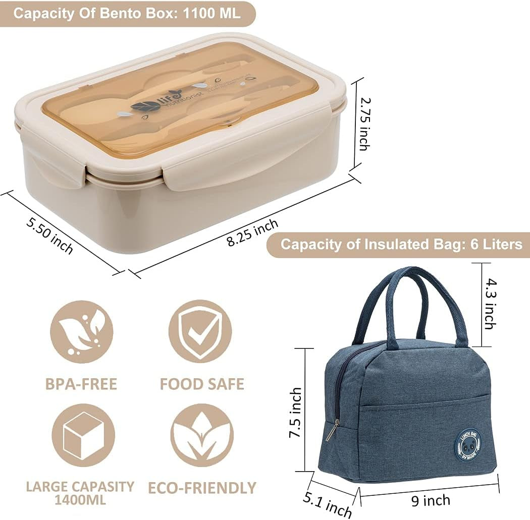 Bento Boxes for Adults, 1100 ML Bento Lunch Box for Kids Childrens with Utensils, Insulated Lunch Bag, Durable for On-The-Go Meal, Bpa-Free and Food-Safe Materials(Khaki with Bag)