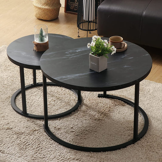 Small round Nesting Coffee Table 27" Wood and Metal Stacking Coffee Tables for Compact Spaces, Black/White