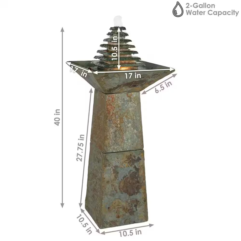 40 In. Layered Slate Pyramid Outdoor Cascading Water Fountain with LED Light