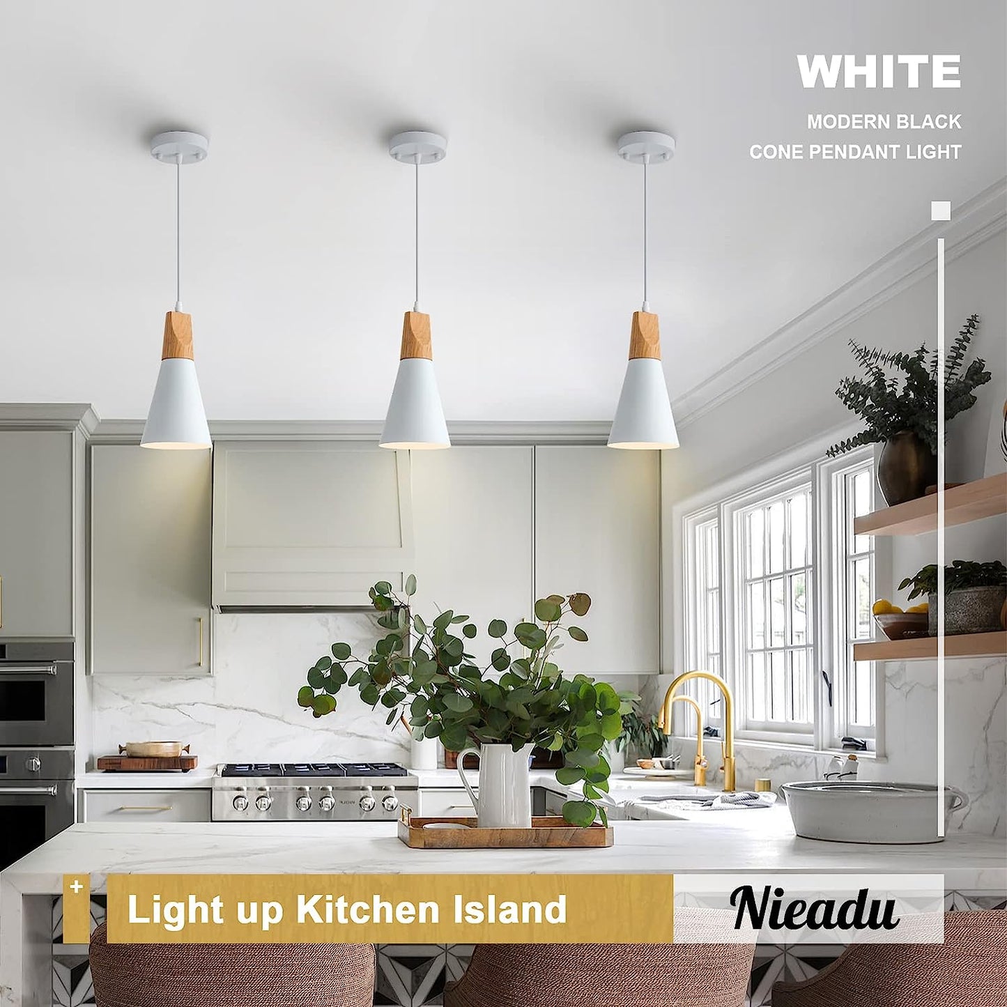 3 Pack White Wood Pendant Lighting for Kitchen Island Nordic Pendant Light Minimalist Hanging Light for Dining Room Kitchen Sink Bar Bedroom