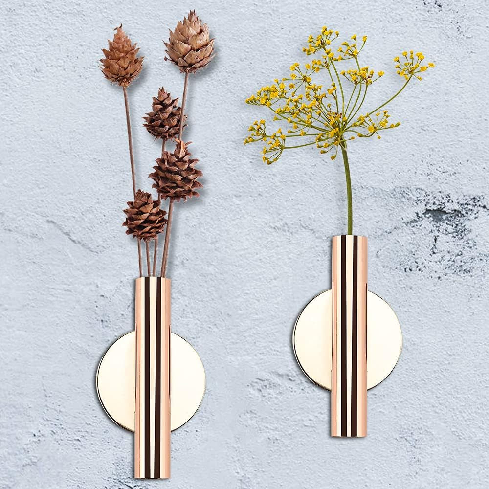 Wall Flower Vase Wall- Mounted Flower Tube Metal Flower Vase Dried Flower Holder Wall Decoration for Porch Home Office(Rose-Gold, Round)