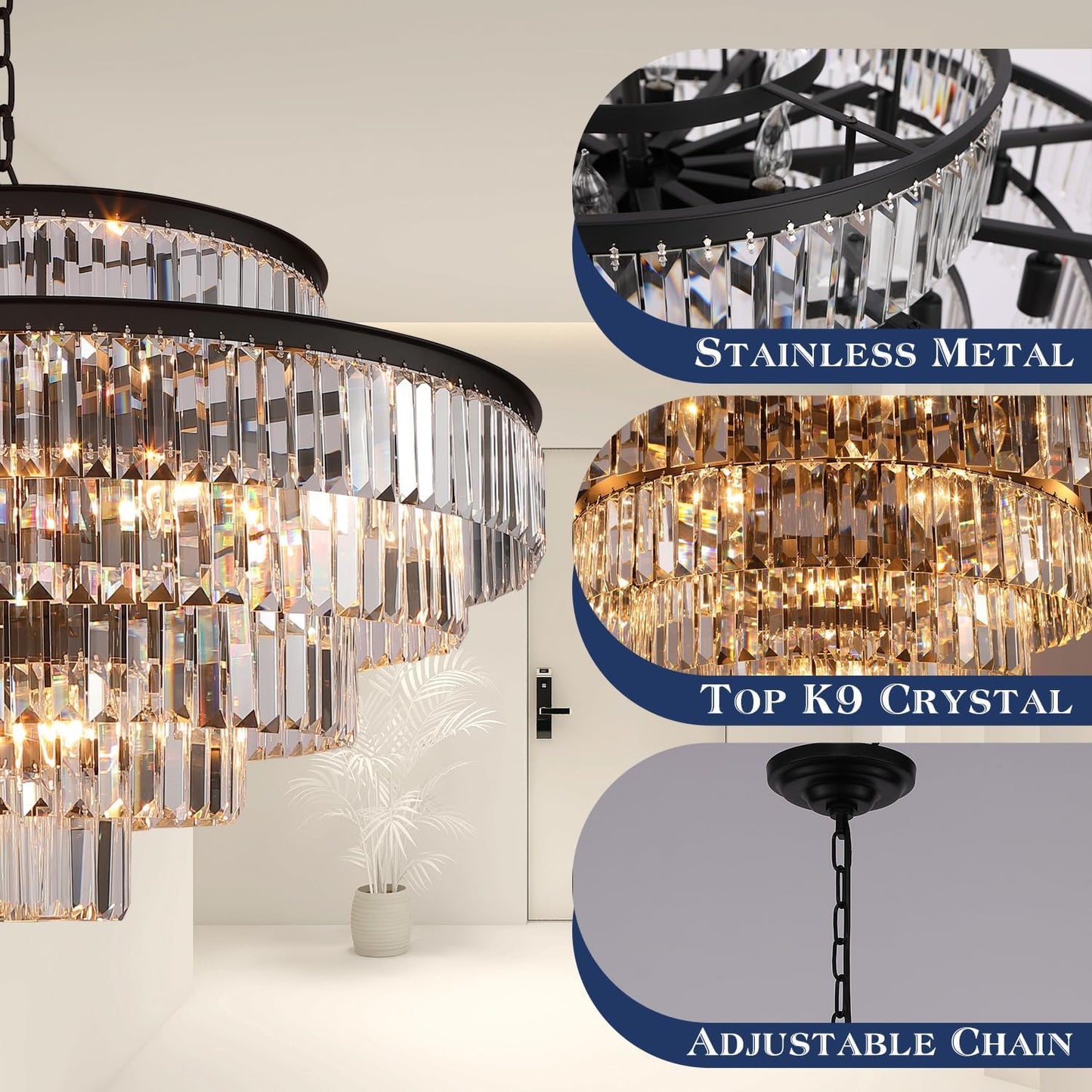 Crystal Chandelier Black Large 6-Tier Chandeliers Lighting Fixture for Bedroom Living Room Foyer Hallway 17-Lights (Dia 31 Inch)