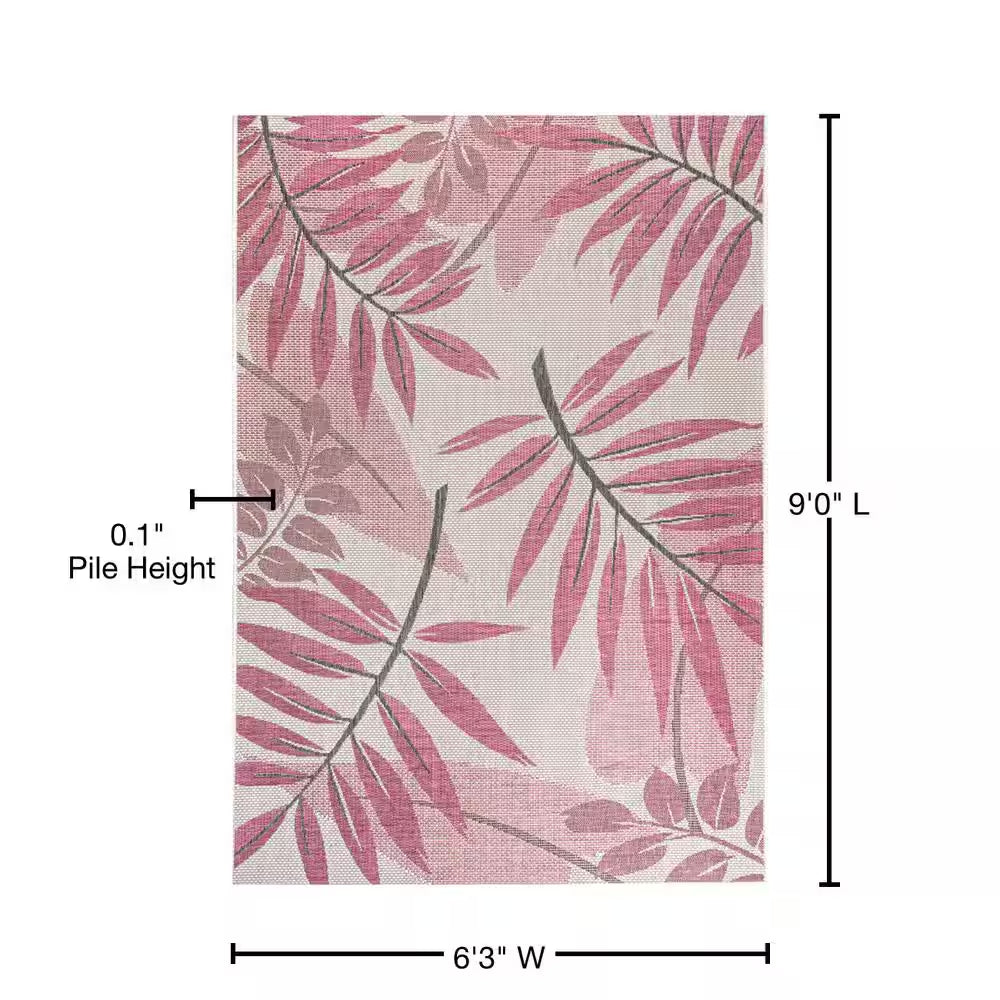 Trudy Art Deco Leaves Pink 6 Ft. 3 In. X 9 Ft. Indoor/Outdoor Patio Area Rug