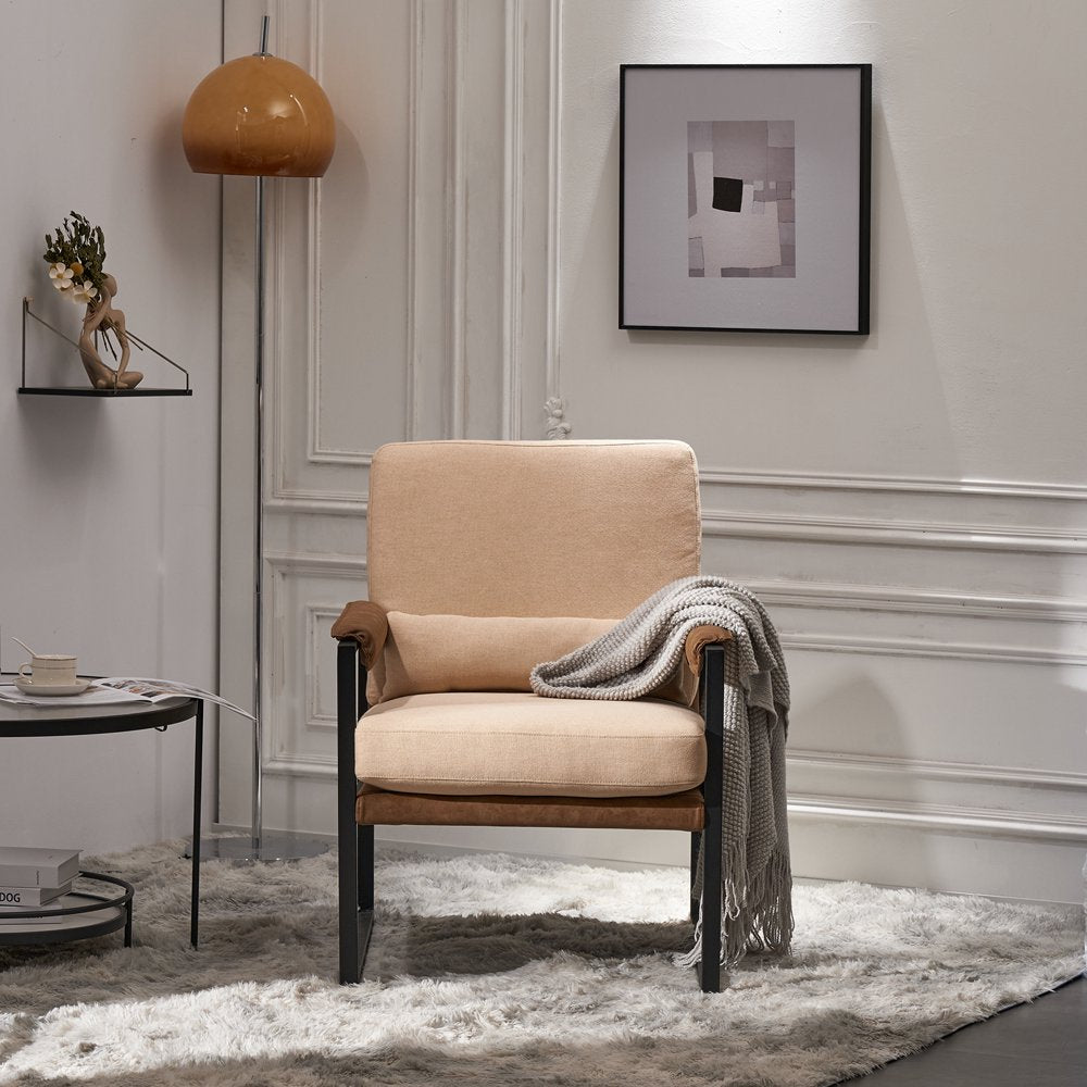 Accent Chair Lounge Armchair Modern Linen Fabric Upholstered Single Sofa with Black Coated Metal Frame Beige and Coffee