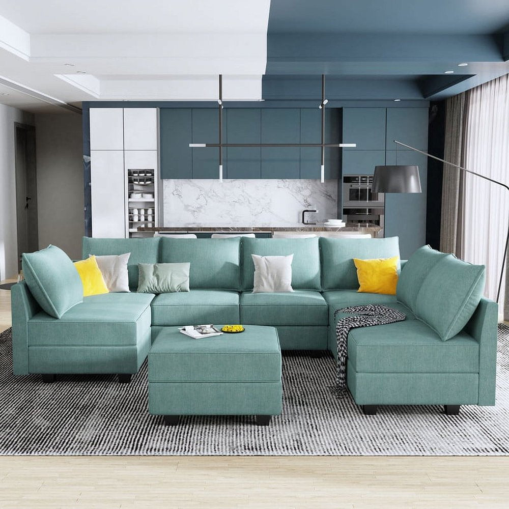 Fabric Sectional Sofa U-Shaped Sofa with Storage for Living Room, Aqua Blue