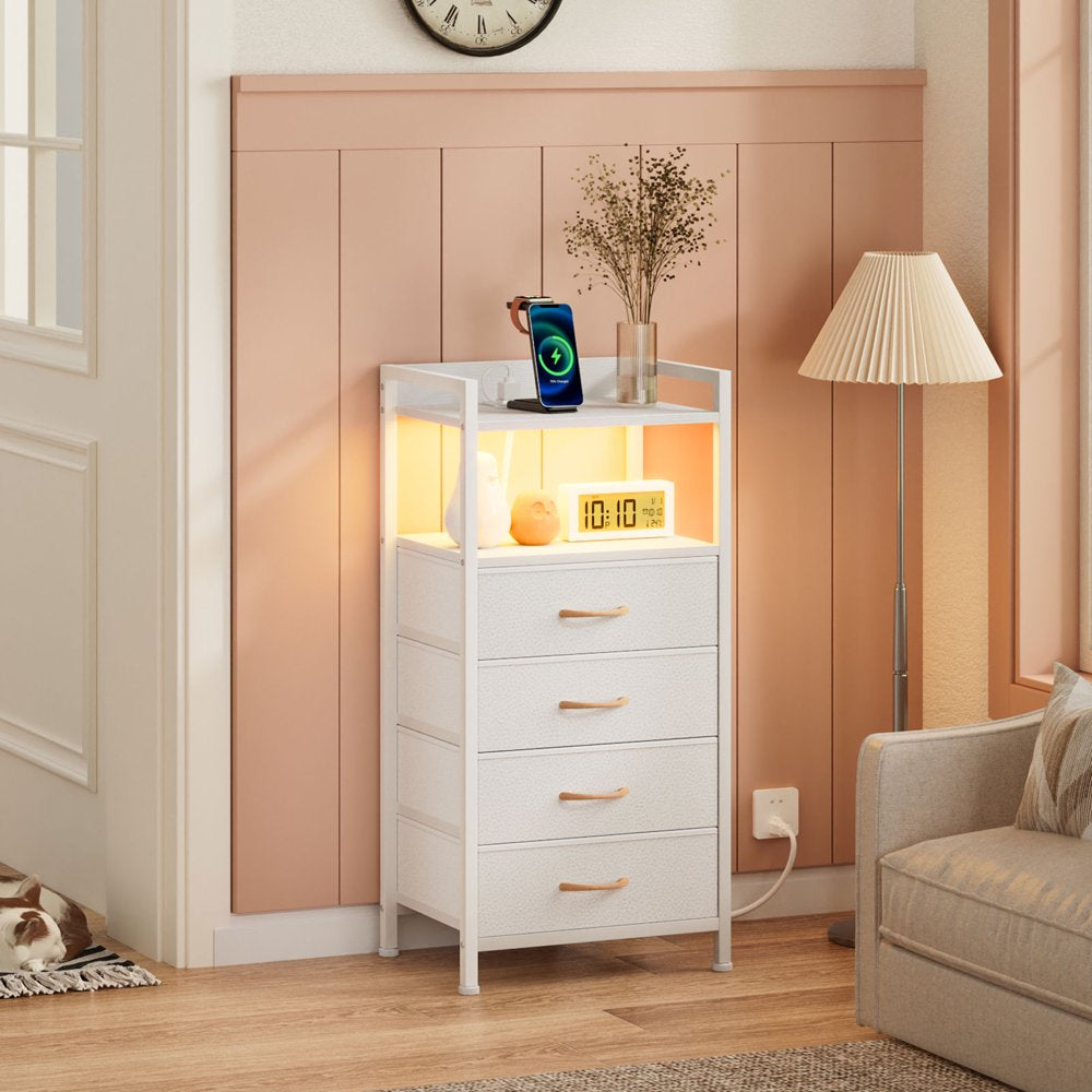 White Fabric Dresser, Vertical Storage Tower Organizer with 4 Drawers for Bedroom, Living Room, Nightstand with Outlets & Led Lights