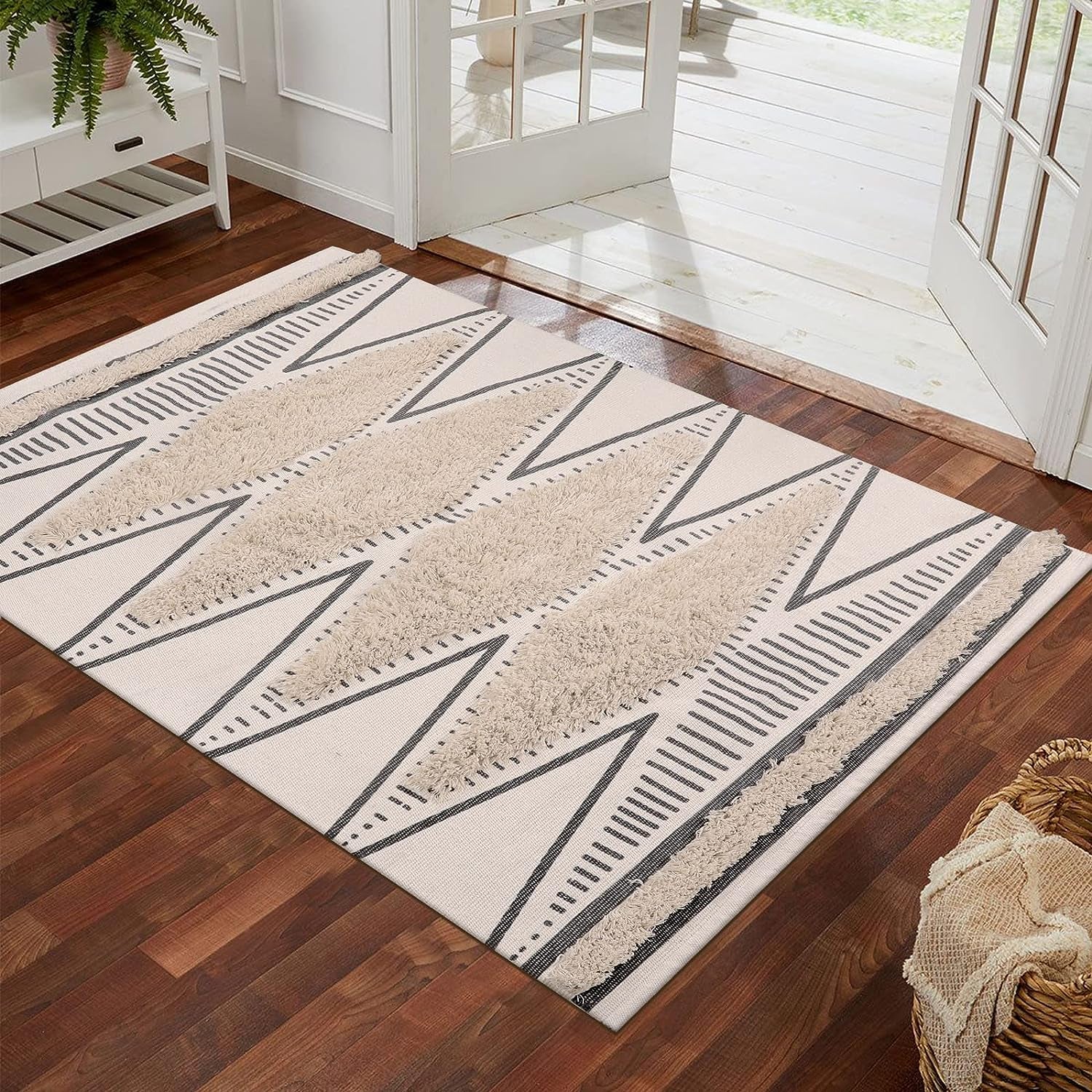 3' X 5' Boho Rug, Washable Tufted Cotton Geometric Bedroom Rug Hand Woven Farmhouse Tribal Floor Carpet Entryway Mat for Dining Room Living Room Bedroom