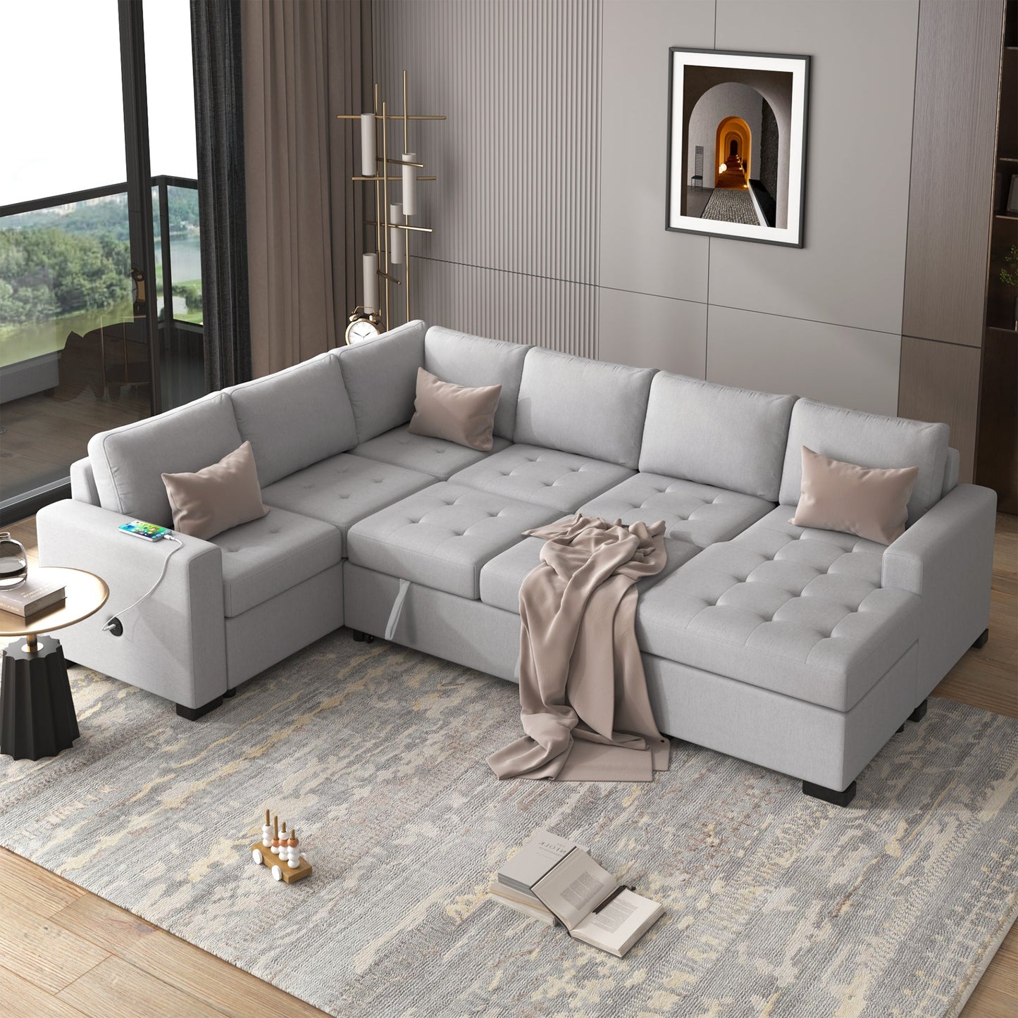 Modular Combination Sofa with Ottoman L-shaped Corner Combination, USB