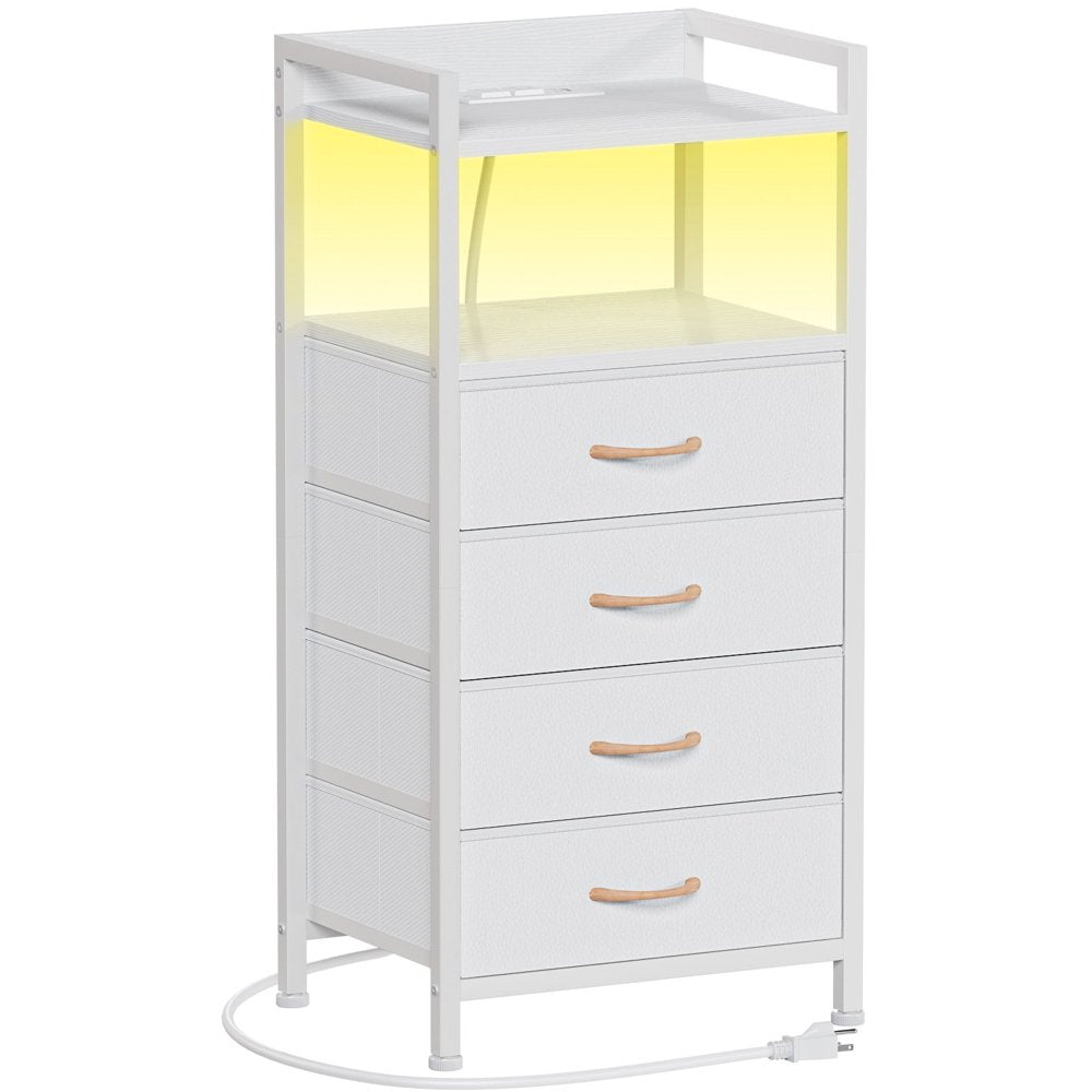 White Fabric Dresser, Vertical Storage Tower Organizer with 4 Drawers for Bedroom, Living Room, Nightstand with Outlets & Led Lights