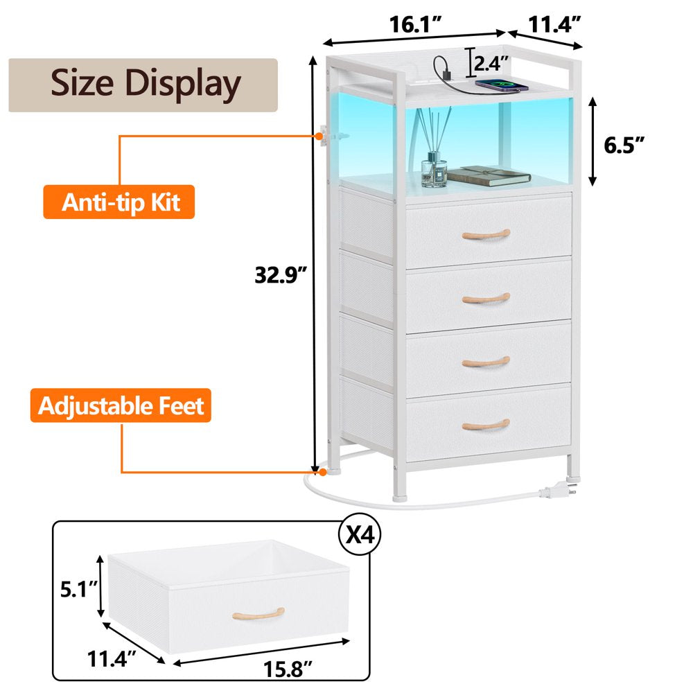 White Fabric Dresser, Vertical Storage Tower Organizer with 4 Drawers for Bedroom, Living Room, Nightstand with Outlets & Led Lights