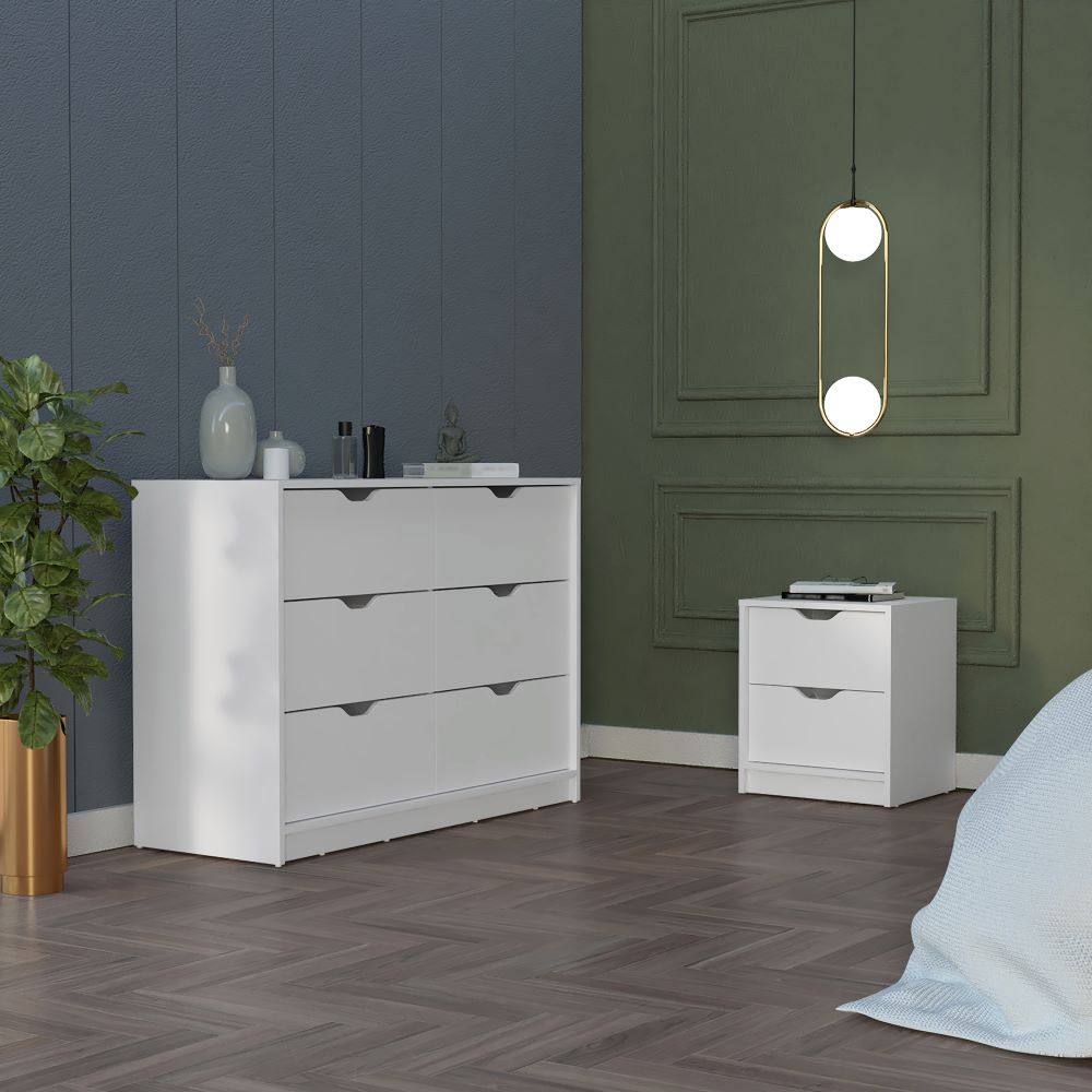 Bennett 2 Piece Bedroom Set, Nightstand + Dresser, White Finish