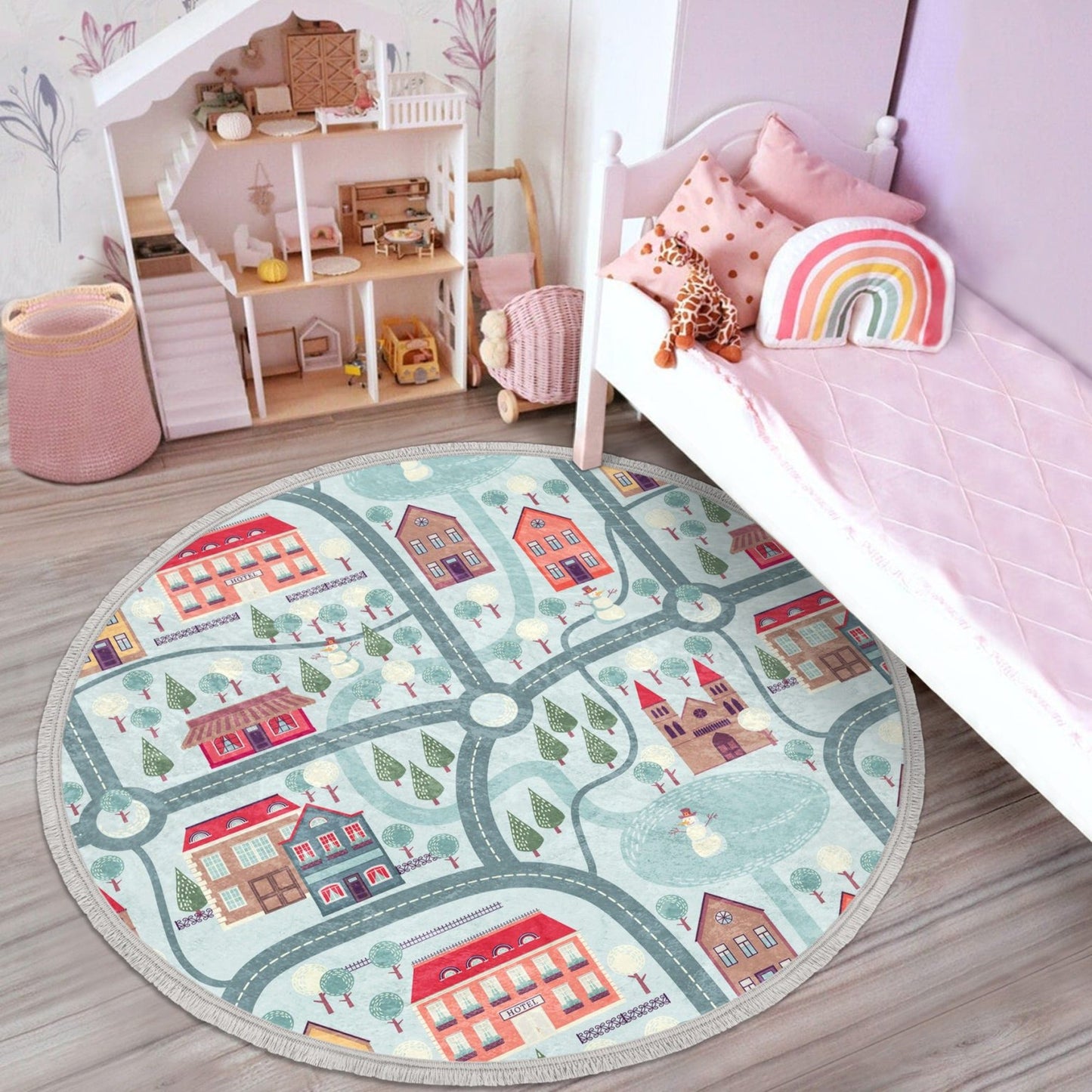 City Map Kids Room Decorative Circle Area Rug, Nursery Room Rug, Baby