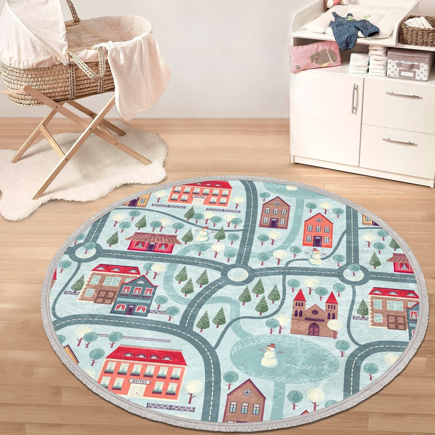 City Map Kids Room Decorative Circle Area Rug, Nursery Room Rug, Baby