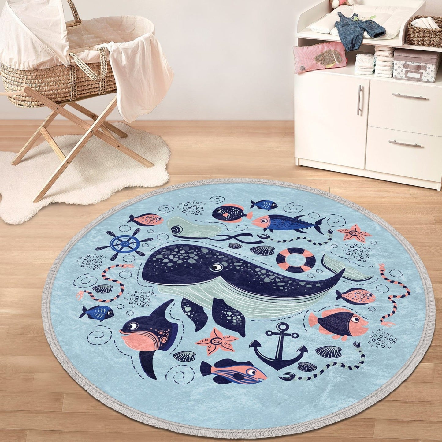 Ocean Animals Print Nursery Room Round Rug, Nonslip Kids Room Circle