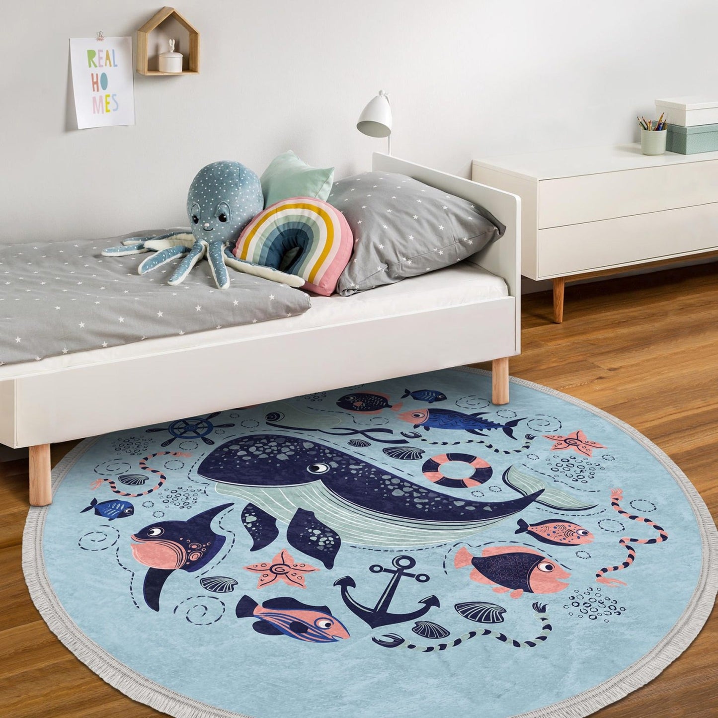 Ocean Animals Print Nursery Room Round Rug, Nonslip Kids Room Circle