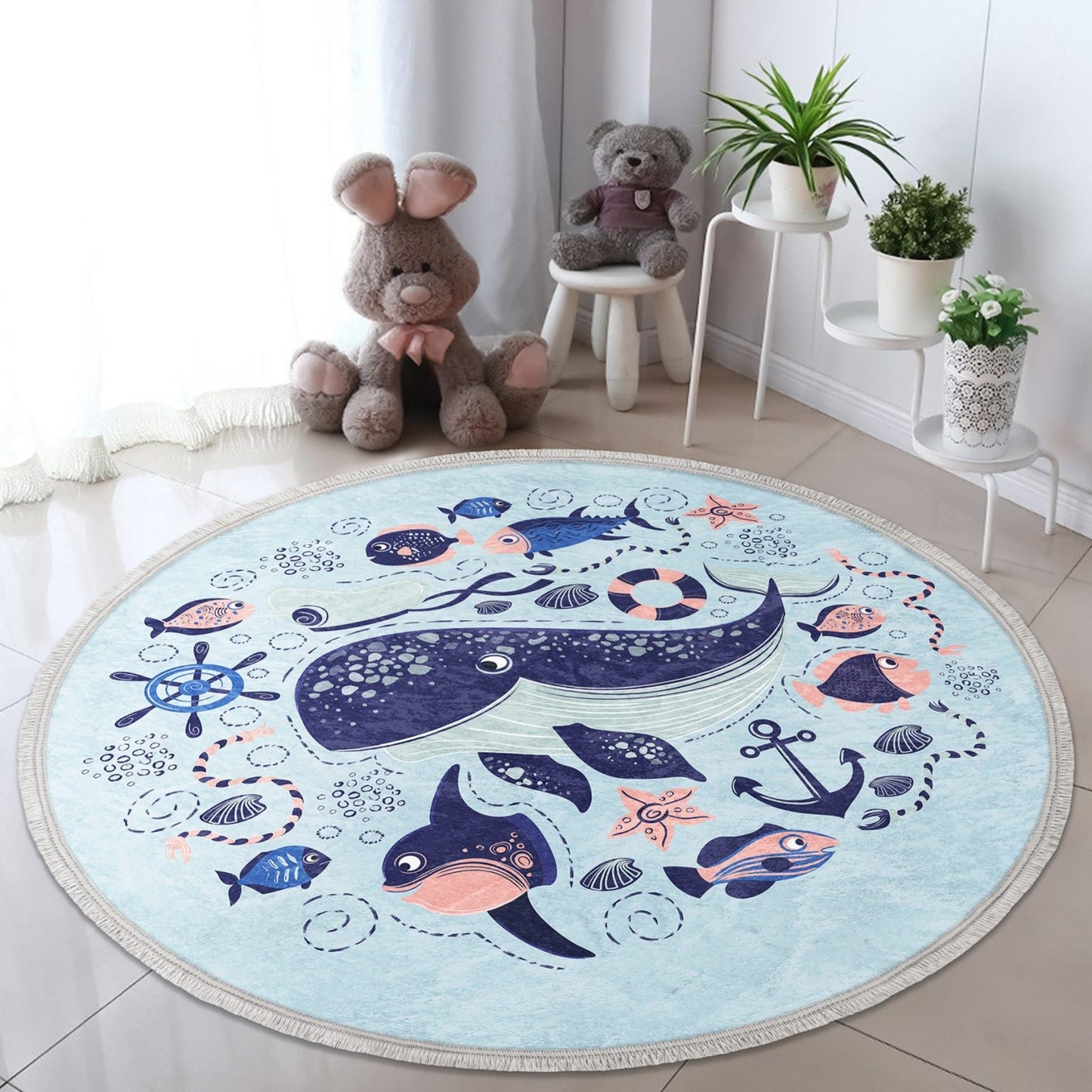 Ocean Animals Print Nursery Room Round Rug, Nonslip Kids Room Circle