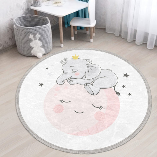 Baby Elephant With Moon Printed Kids Room Round Rug, Elephant Print