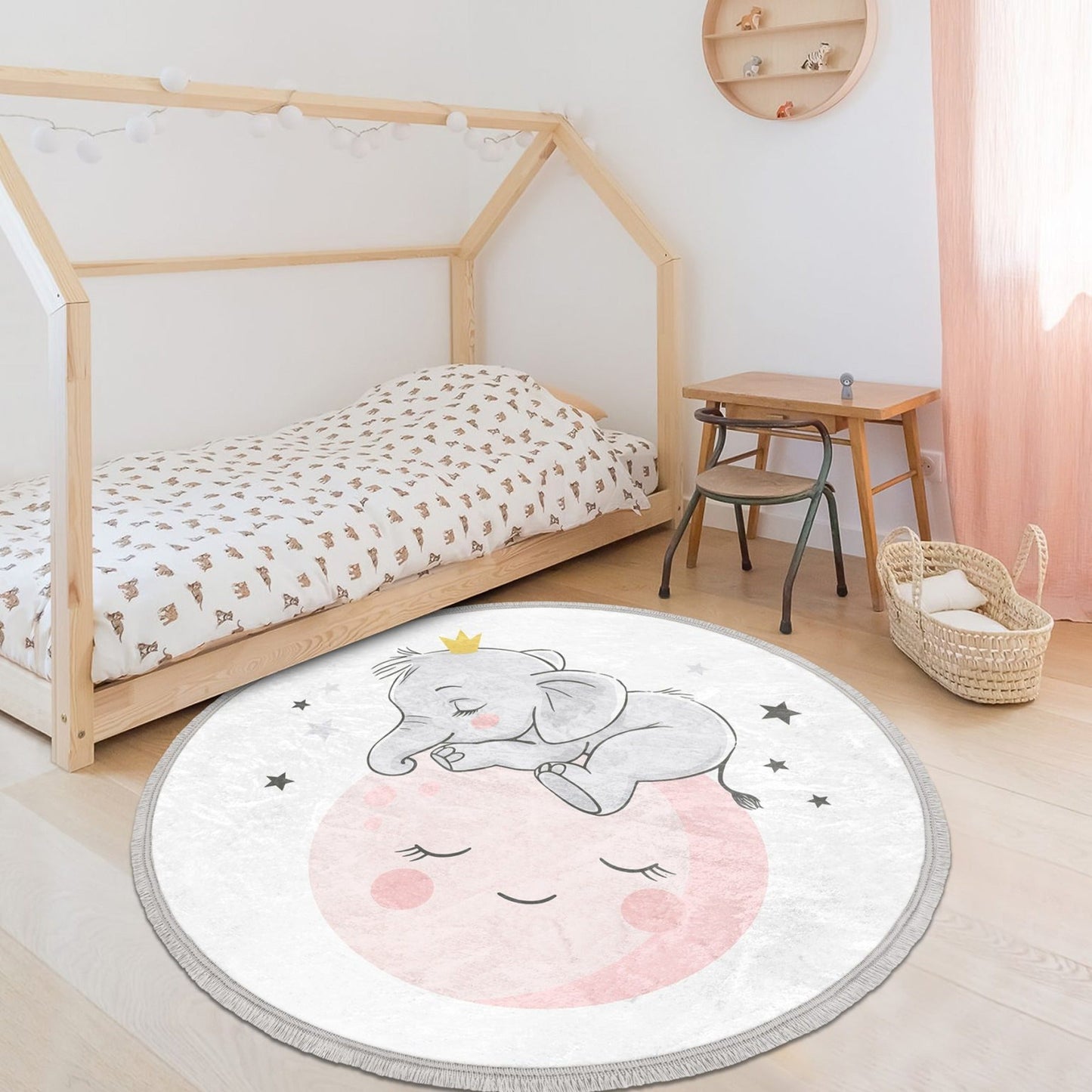 Baby Elephant With Moon Printed Kids Room Round Rug, Elephant Print