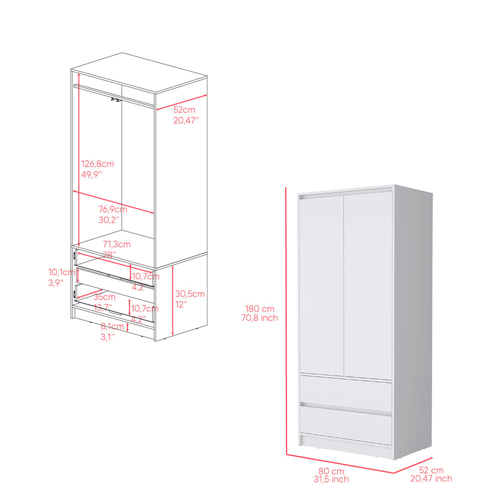 Lewes 2 Piece Bedroom Set, Dresser + Armoire, White Finish